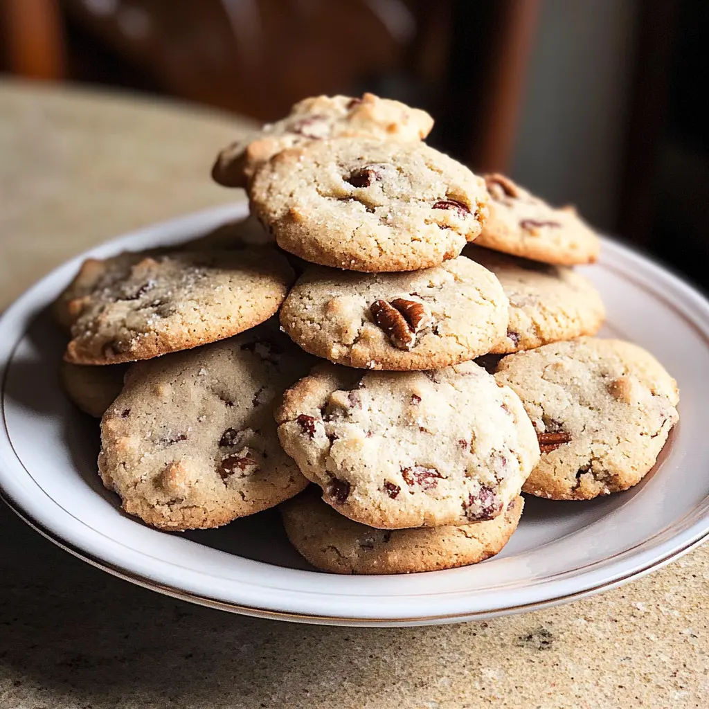 A plate of golden, crunchy Pecan Sandies cookies with visible pecan pieces, fresh from the oven.