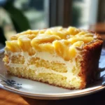 A moist Pineapple Heaven Cake topped with creamy frosting, coconut, and cherries.