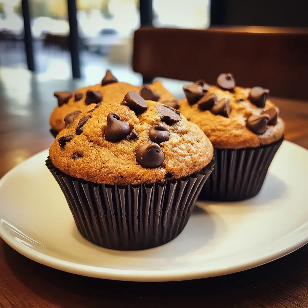 Close-up of Pumpkin Chocolate Chip Muffins with golden tops and gooey chocolate chips.