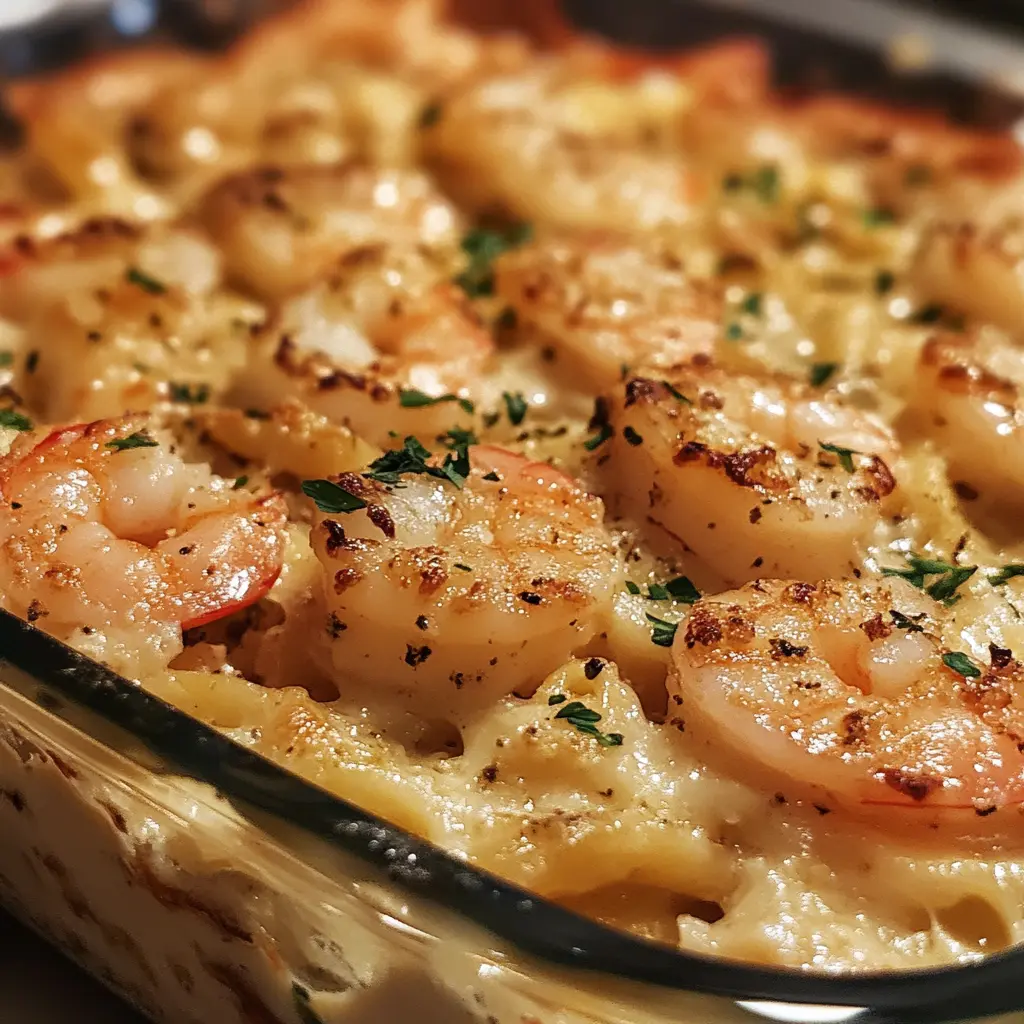 A bubbling Shrimp Scampi Pasta Bake fresh out of the oven, with golden cheese, tender shrimp, and creamy garlic butter sauce over pasta.