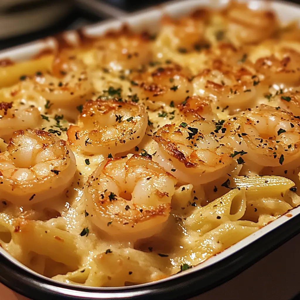 Cheesy Shrimp Scampi Pasta Bake with golden crust and juicy shrimp.