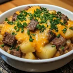 Slow Cooker Steak with cheddar potatoes, melted cheese, and savory flavors.