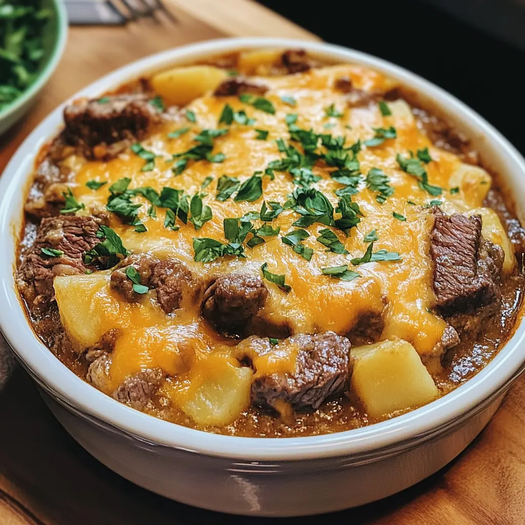 Slow Cooker Steak and Cheddar Potato Casserole with tender steak, melted cheese, and golden potatoes.