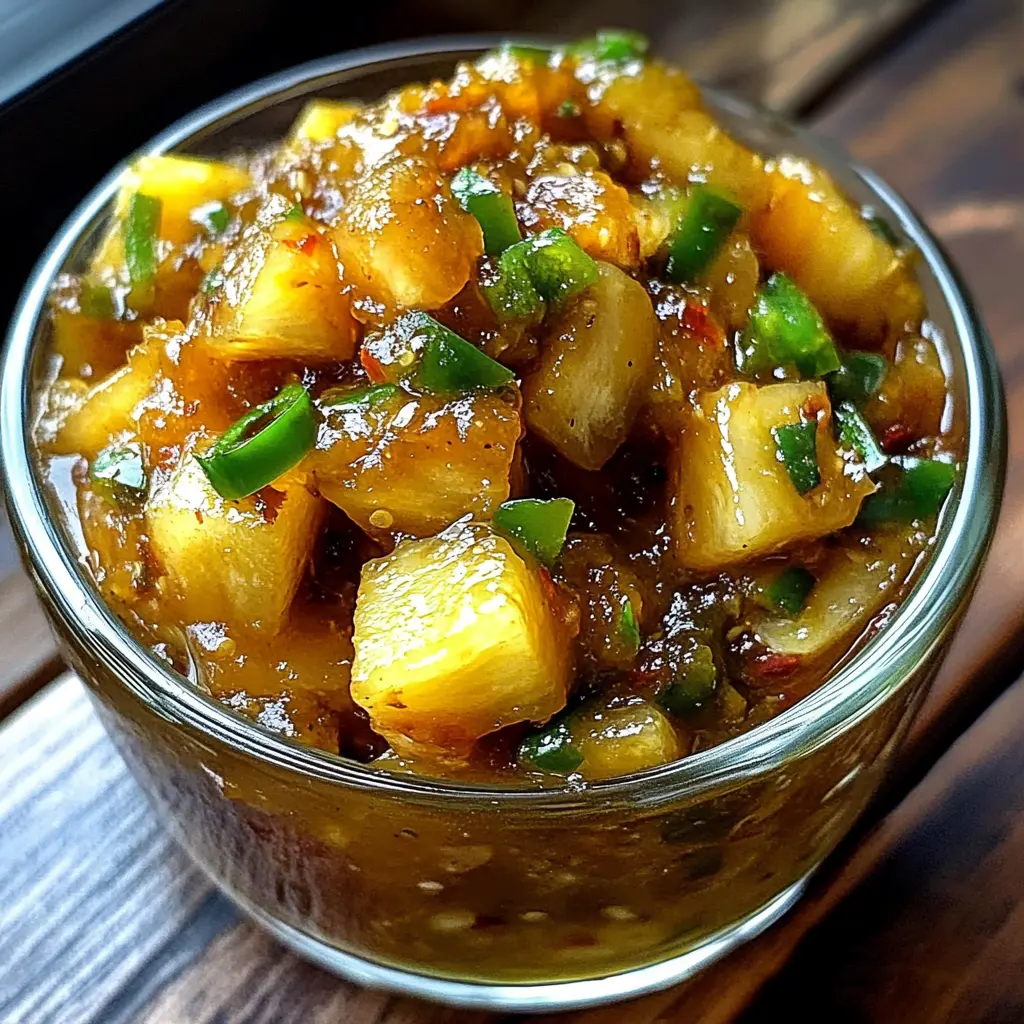Spicy Pineapple Jalapeño Chutney in a glass bowl, featuring golden pineapple chunks and vibrant green jalapeños in a thick, glossy sauce.