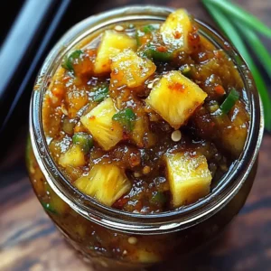 A close-up of homemade Spicy Pineapple Jalapeño Chutney with diced pineapple, jalapeños, and rich, caramelized sauce in a glass bowl.