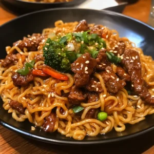 Chopsticks lifting saucy Sticky Beef Noodles from a bowl.