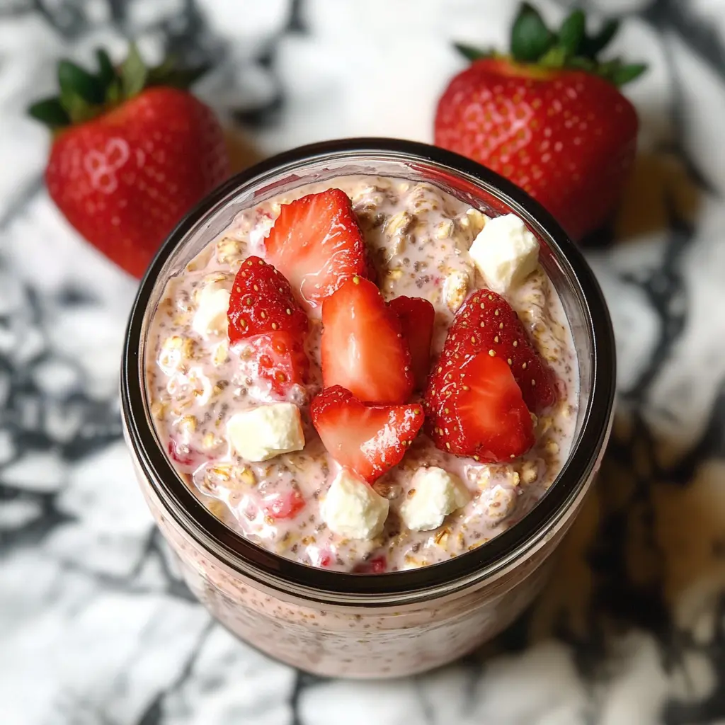 Creamy Strawberries and Cream Overnight Oats in a glass jar with fresh berry toppings