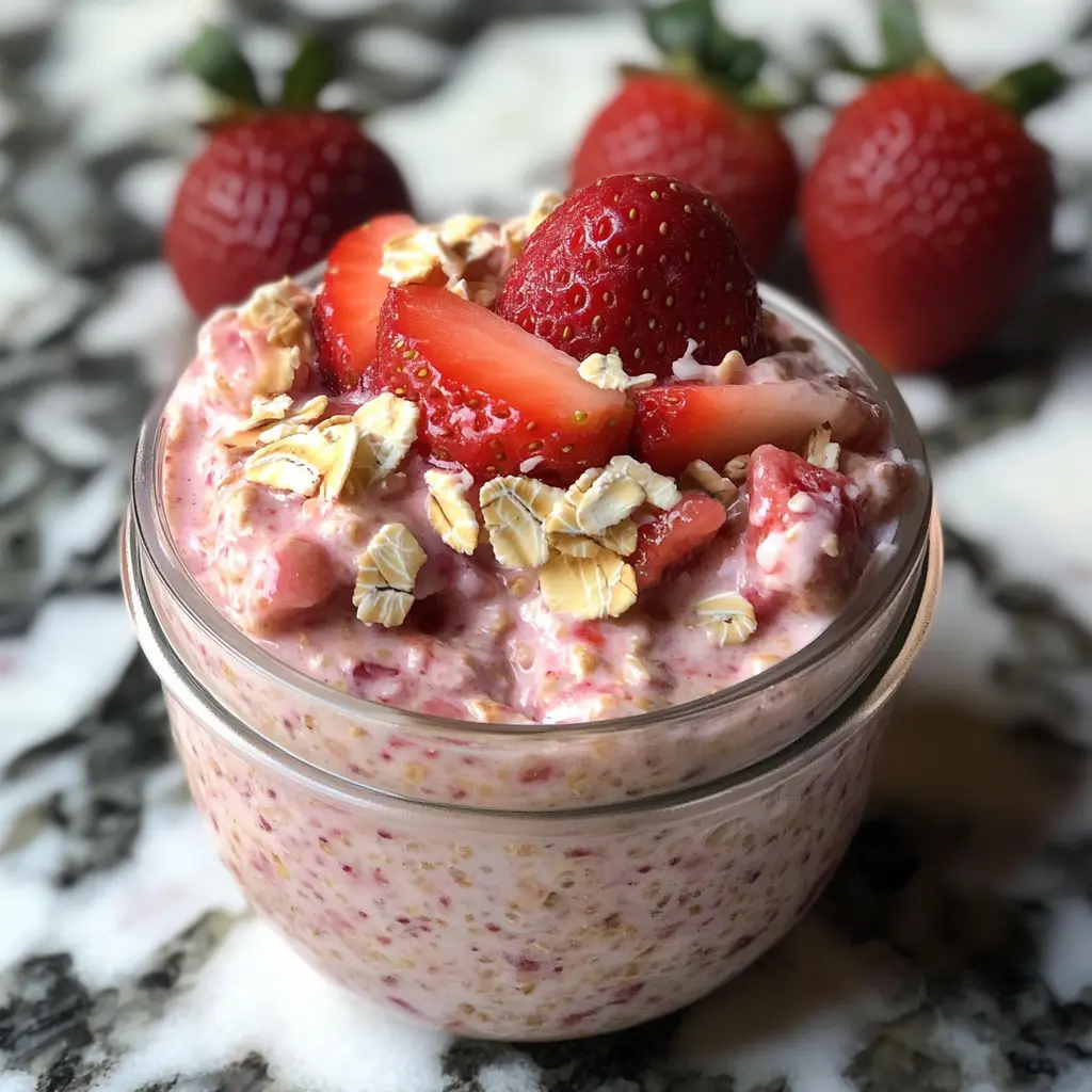 Preparing Strawberries and Cream Overnight Oats by layering oats, milk, and fresh strawberries