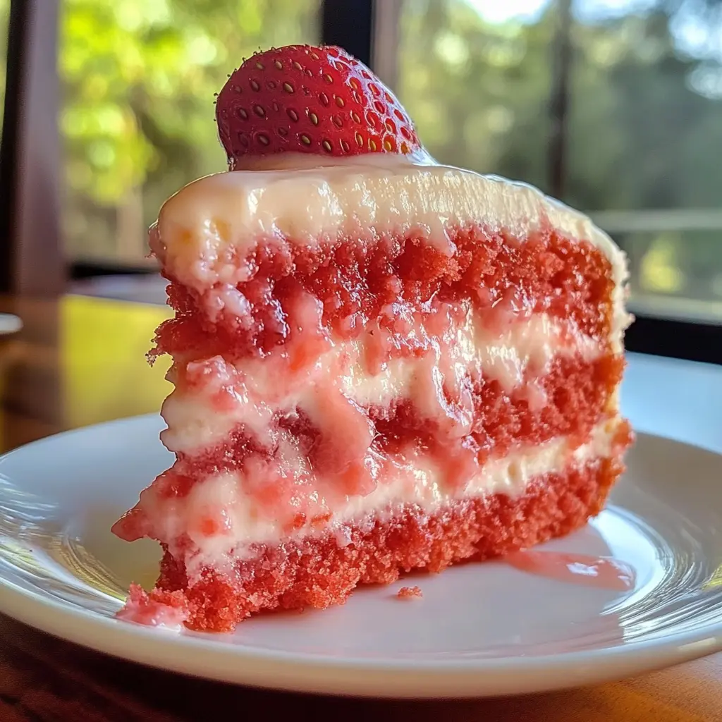 Moist Strawberry Honeybun Cake with a cinnamon swirl, topped with creamy strawberry glaze and fresh strawberries.