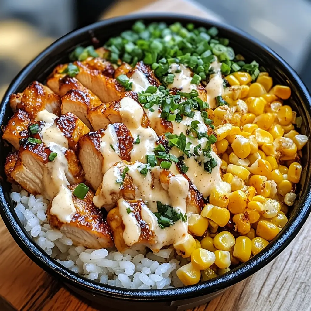 A flavorful Street Corn Chicken Rice Bowl with grilled chicken, roasted corn, rice, and creamy sauce.