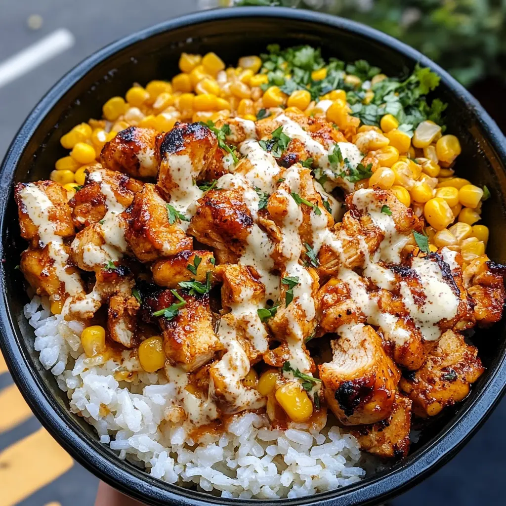 A delicious Street Corn Chicken Rice Bowl with grilled chicken, roasted corn, rice, and zesty sauce.