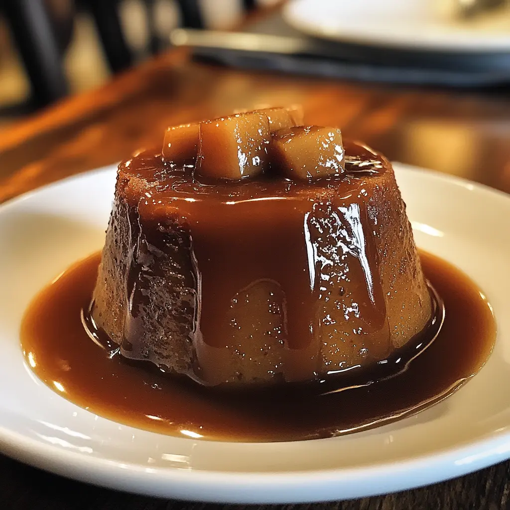 Warm Sweet Toffee Pudding drizzled with glossy toffee sauce, served with melting vanilla ice cream