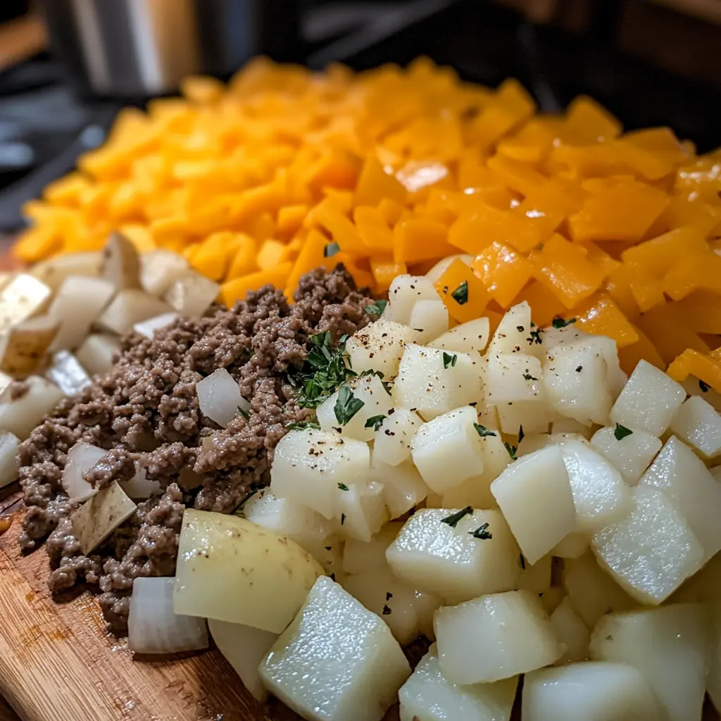 Cheesy hobo casserole with ground beef and potatoes in a baking dish.