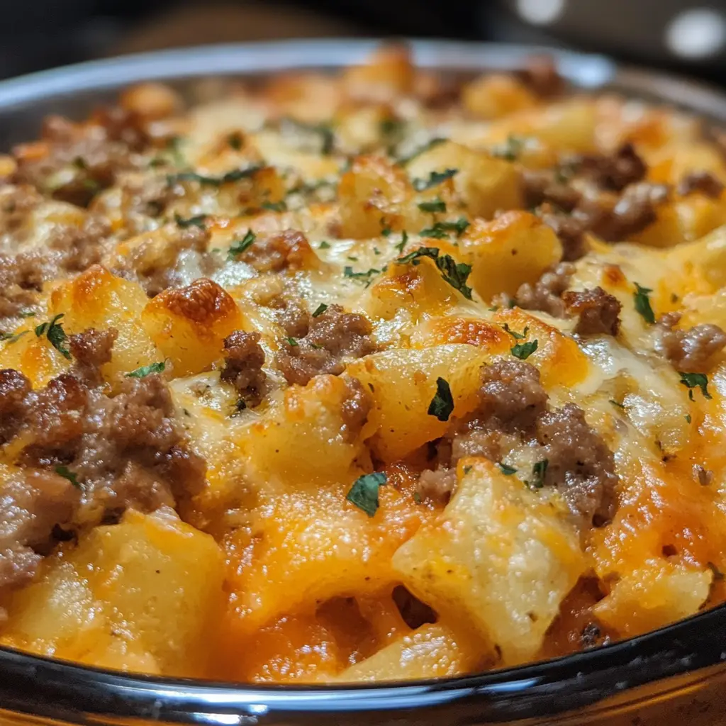 A hearty hobo casserole recipe with melted cheese and seasoned beef