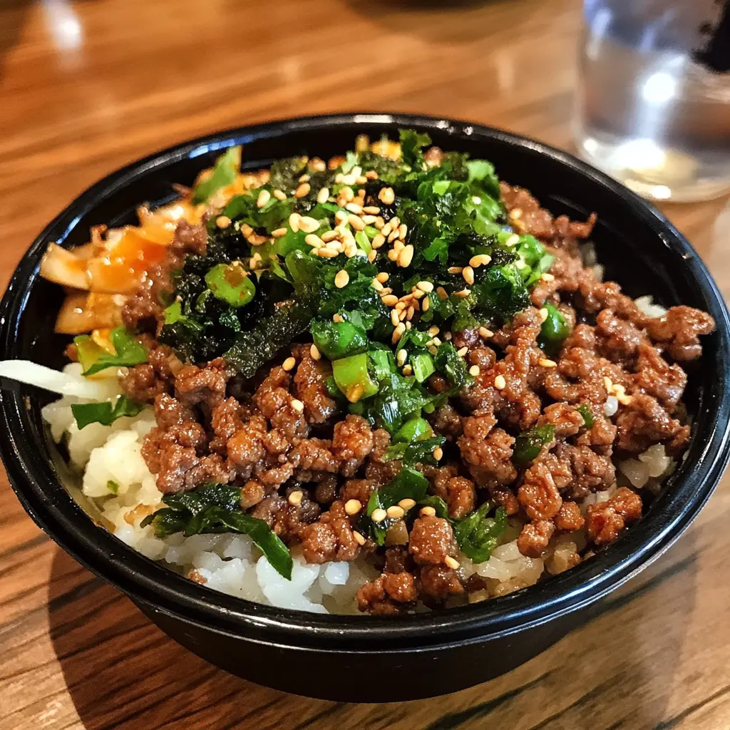 A savory Korean Ground Beef Bowl with rice, green onions, sesame seeds, and a fried egg.