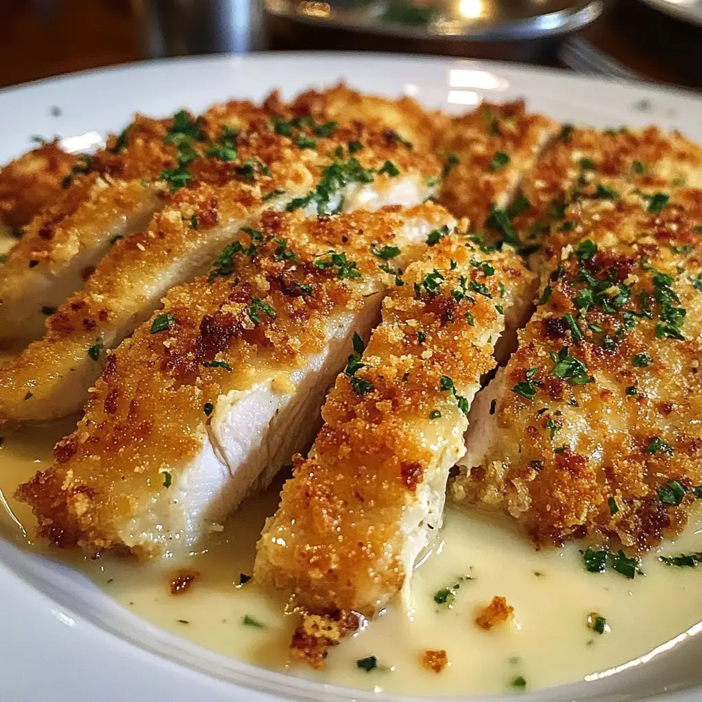 Close-up of LongHorn Steakhouse Parmesan Crusted Chicken topped with fresh parsley and lemon slices.