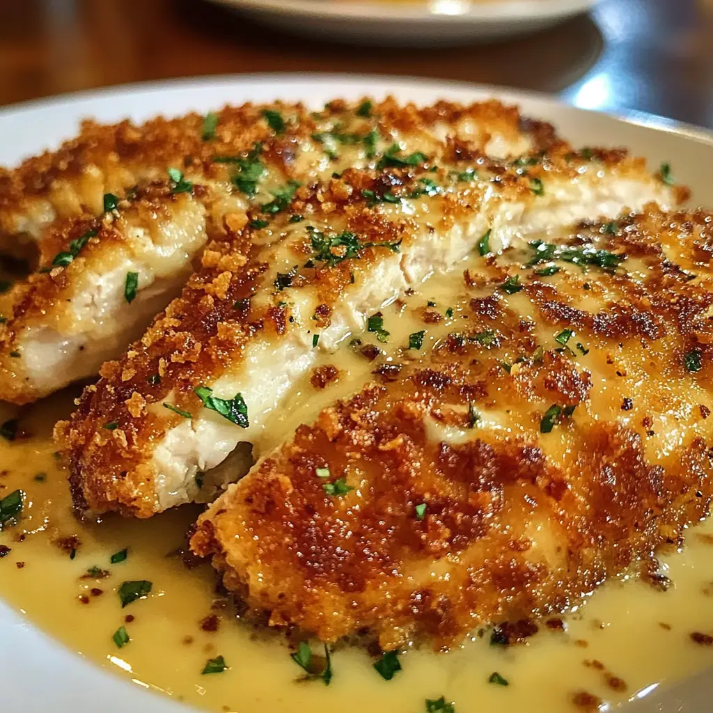 Golden Parmesan Crusted Chicken with a crispy coating, drizzled with lemon butter sauce, served on a white plate.