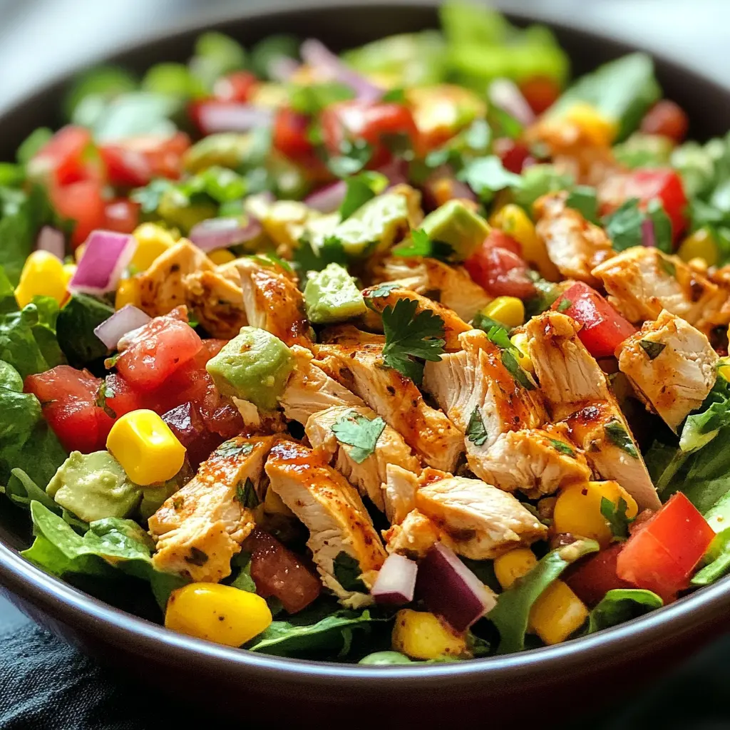 A vibrant bowl of Southwest Chicken Salad Recipe with grilled chicken, black beans, corn, avocado, cherry tomatoes, and a creamy lime dressing.