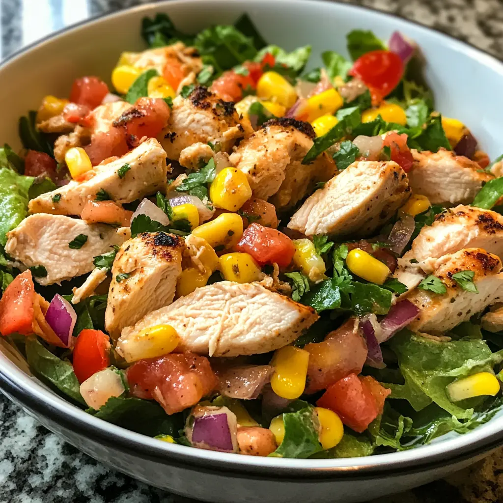 A colorful Southwest Chicken Salad Recipe with grilled chicken, crunchy tortilla strips, fresh vegetables, and a creamy dressing.