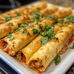 Golden, crispy Baked Chicken Taquitos served with a side of dipping sauce.