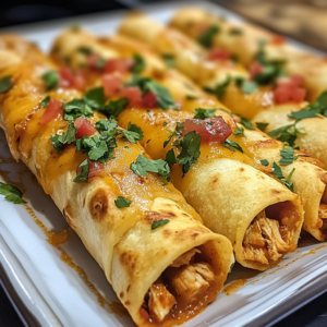 Close-up of Baked Chicken Taquitos with a crunchy texture and filling visible.