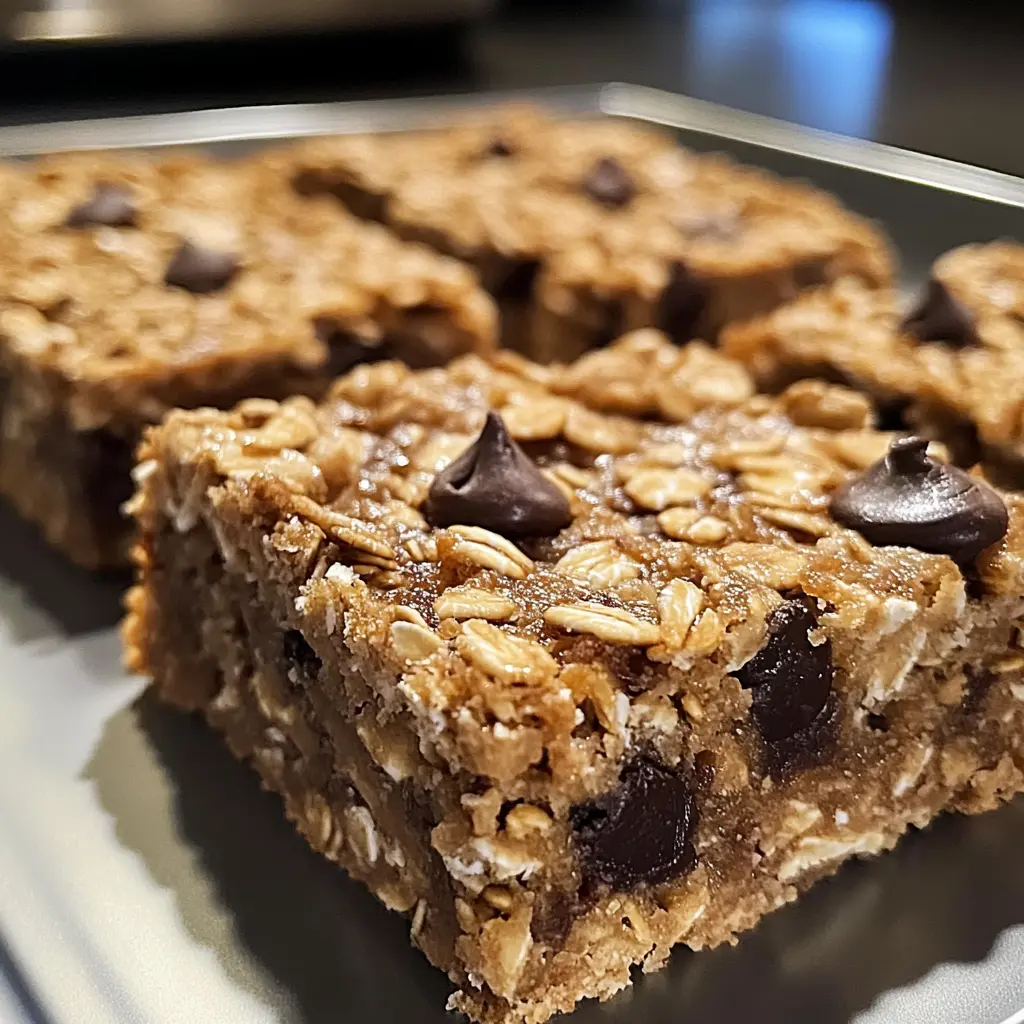 Close-up of golden Baked Oatmeal Bars with a rustic texture and oatmeal topping.