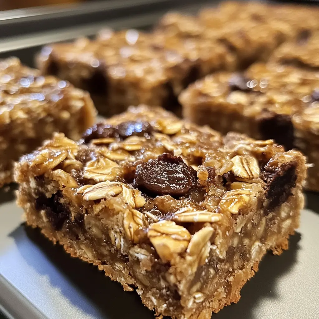 Baked Oatmeal Bars cut into squares and stacked with oats and dried fruit visible.