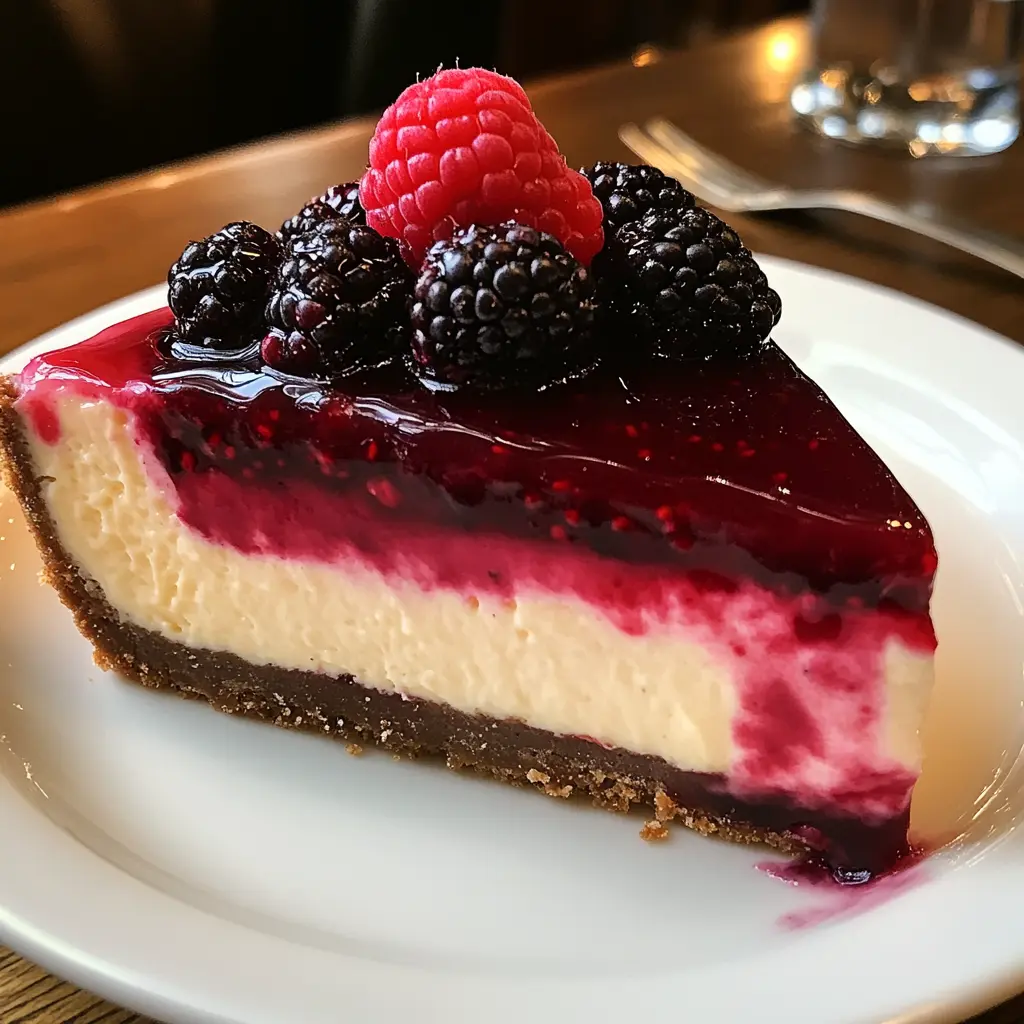 Slice of creamy berry cheesecake with swirls of mixed berries on top