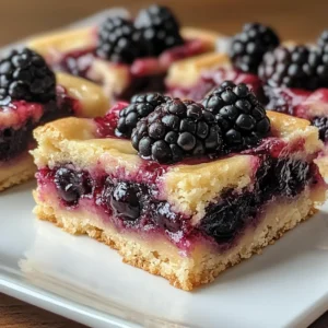 Close-up of blackberry bars stacked on a plate with fresh blackberries.