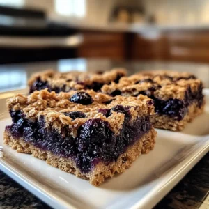 Close-up of Blueberry Oatmeal Bars with a crumbly oat topping.