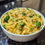 Creamy Broccoli Cheddar Orzo with melted cheese and tender broccoli.