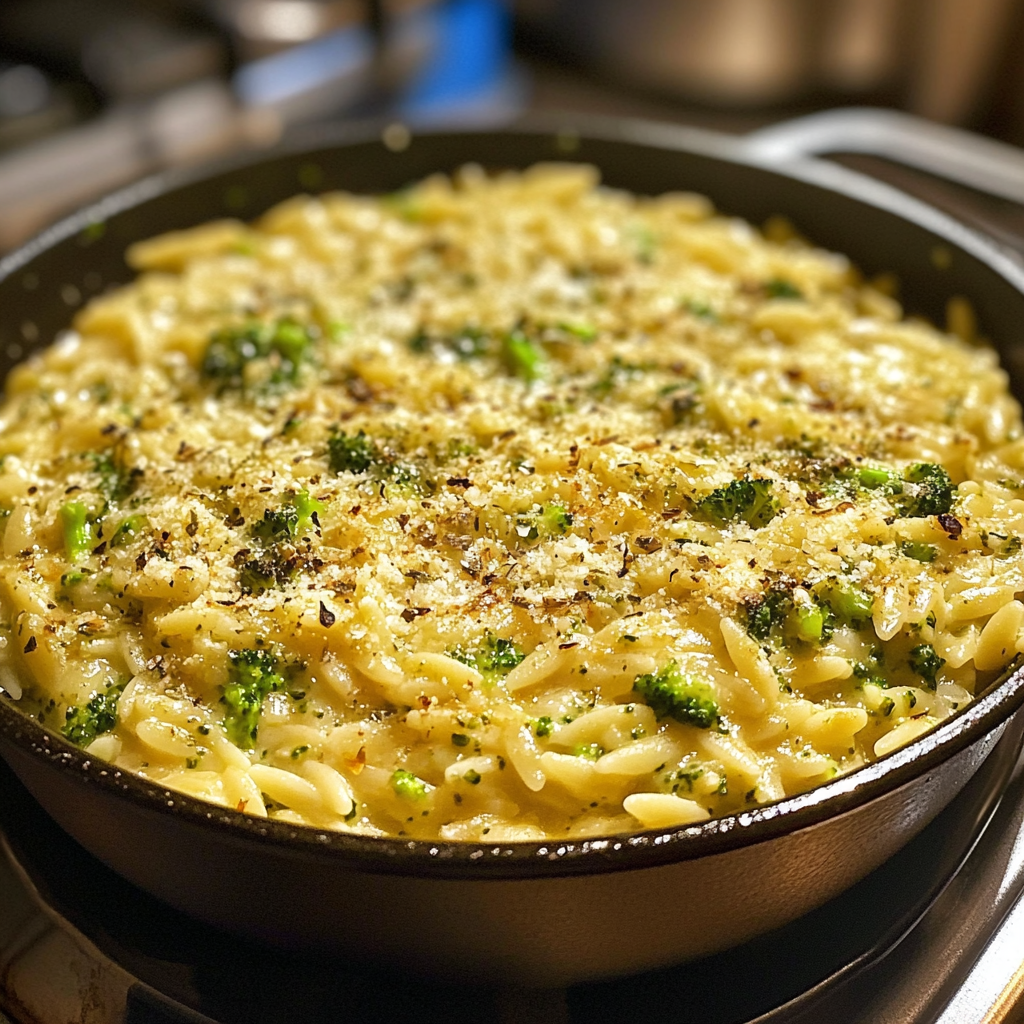 Close-up of Broccoli Cheddar Orzo with a spoonful ready to serve.