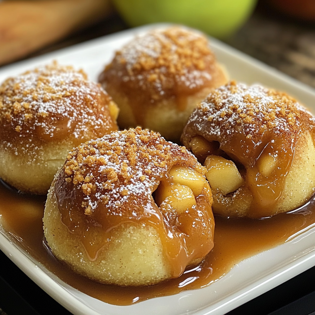 Golden Caramel Apple Pie Bombs with gooey caramel and apple filling.