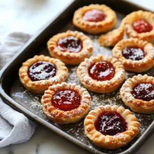 Cherry Pie Bites on a plate with a dusting of powdered sugar and fresh cherries.
