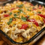 Chicken Fajita Casserole served in a white baking dish with colorful peppers on top.