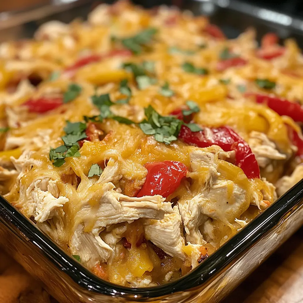 Chicken Fajita Casserole served in a white baking dish with colorful peppers on top.