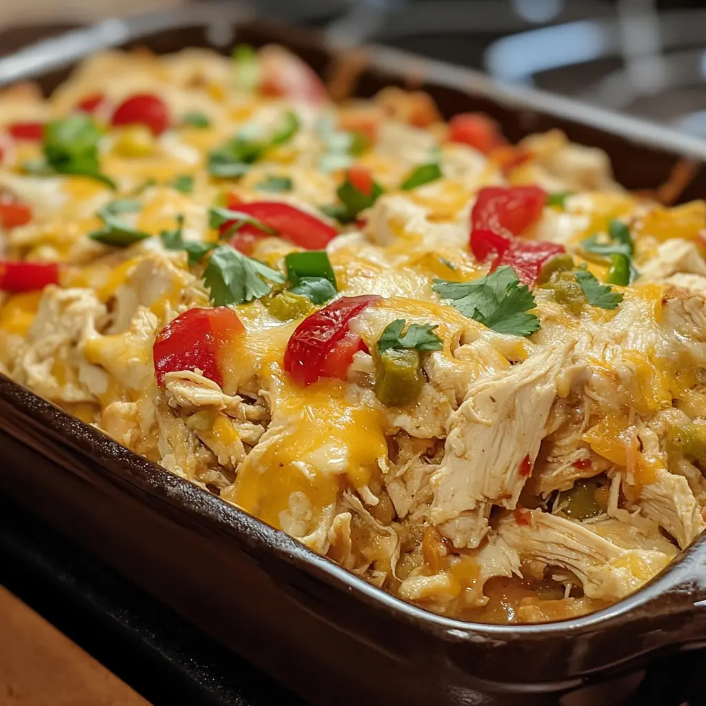 Baked Chicken Fajita Casserole with melted cheese, bell peppers, and juicy chicken.