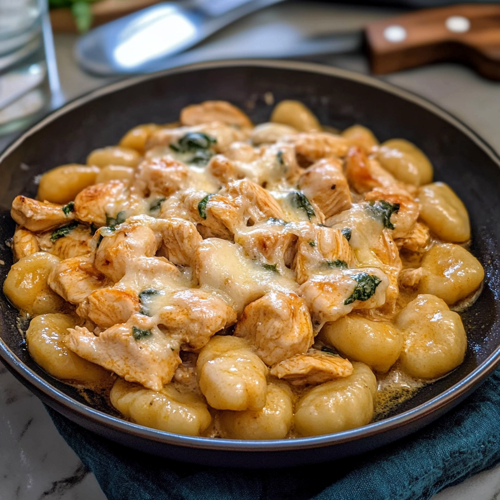Bowl of creamy Chicken Gnocchi with tender chicken and herbs.