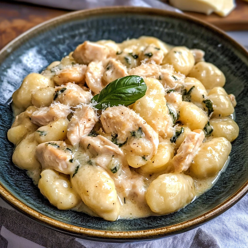 Close-up of Chicken Gnocchi in a creamy herb sauce.