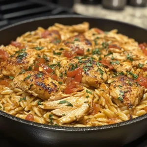 Close-up of Chicken Orzo served with fresh herbs and a creamy finish.