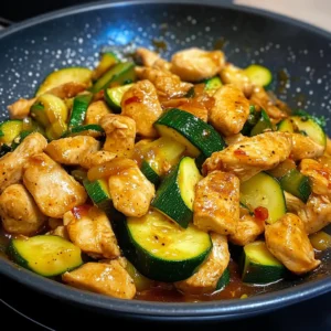 Chicken Zucchini Stir Fry served over rice with chopsticks on the side.