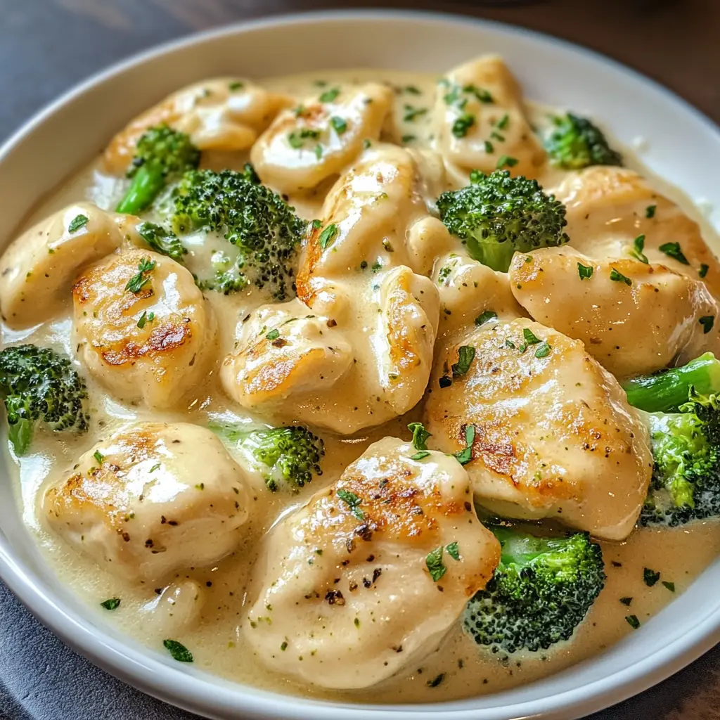 Plate of Chicken and Broccoli Alfredo topped with grated parmesan.
