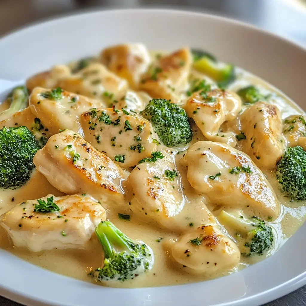 Creamy Chicken and Broccoli Alfredo in a skillet with parmesan and fresh herbs.