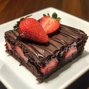 Close-up of Chocolate Covered Strawberry Brownies, showcasing the rich chocolate layer and fresh strawberry slices on top.