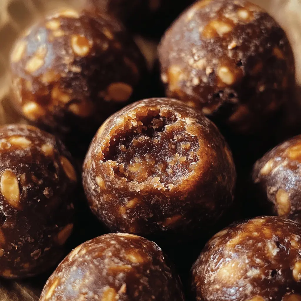 Close-up of Chocolate Protein Balls with a bite taken out, revealing the inside.