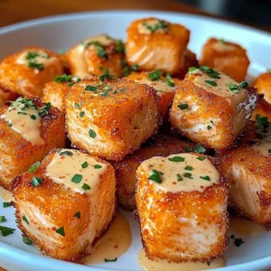Close-up of Crispy Bang Bang Salmon Bites garnished with green onions and sesame seeds.