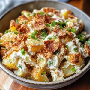 Close-up of Crispy Smashed Potato Salad served in a rustic bowl.