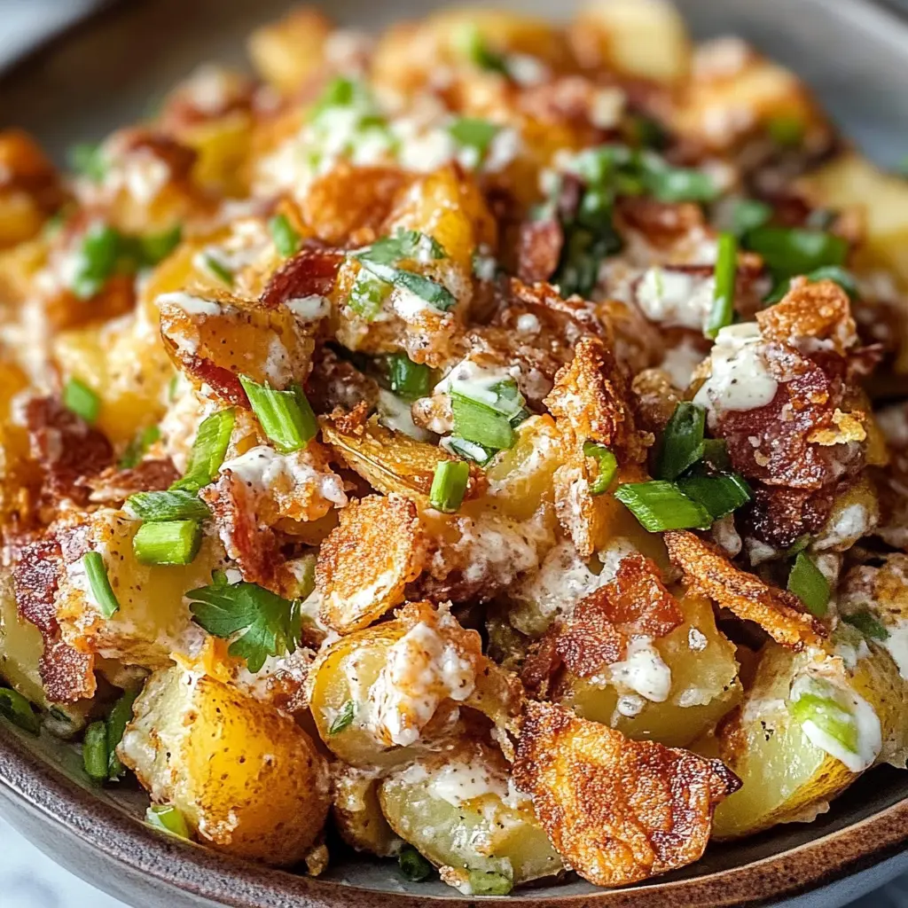 Crispy Smashed Potato Salad with fresh herbs and a drizzle of dressing.