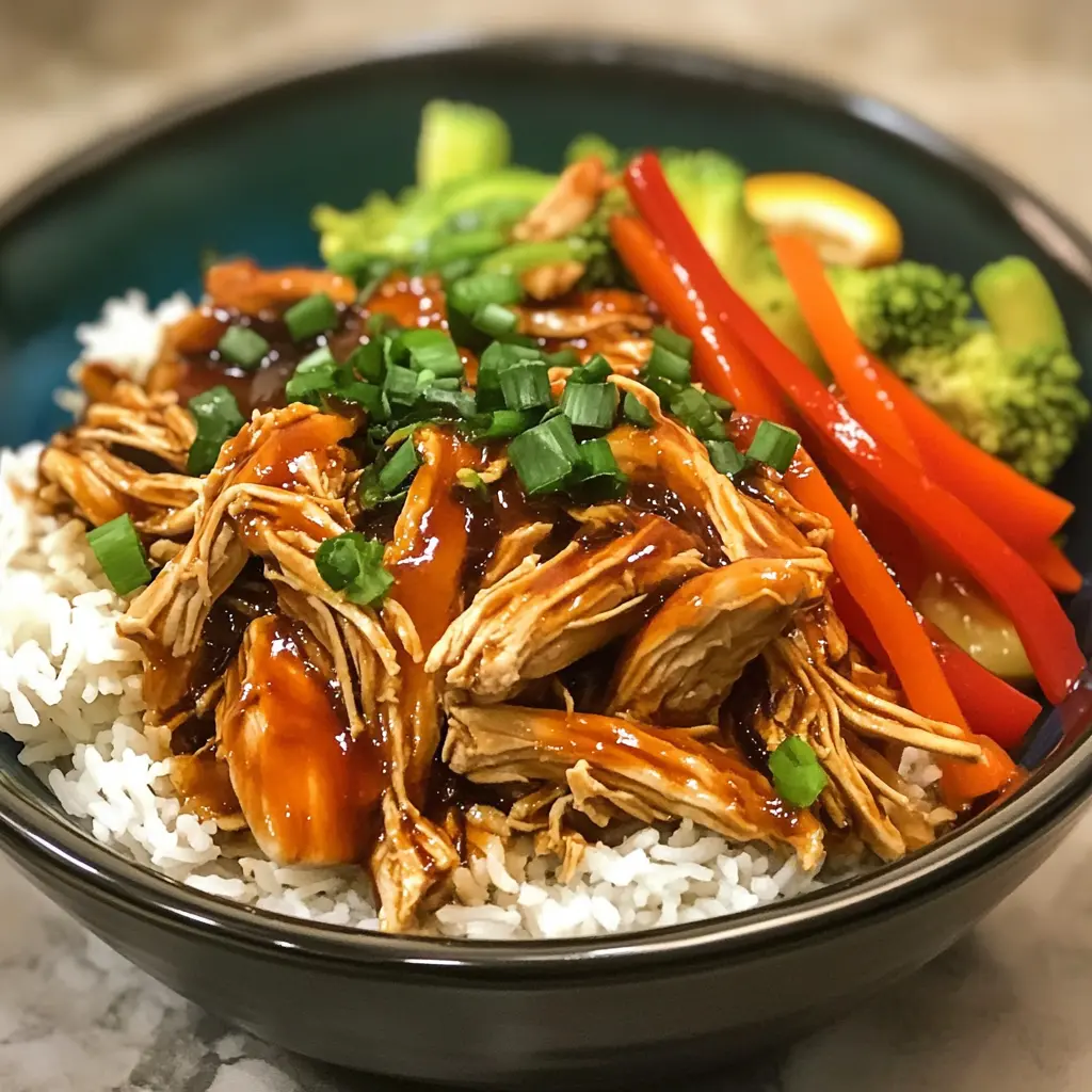 Crock Pot Teriyaki Chicken served over rice with sesame seeds and green onions.