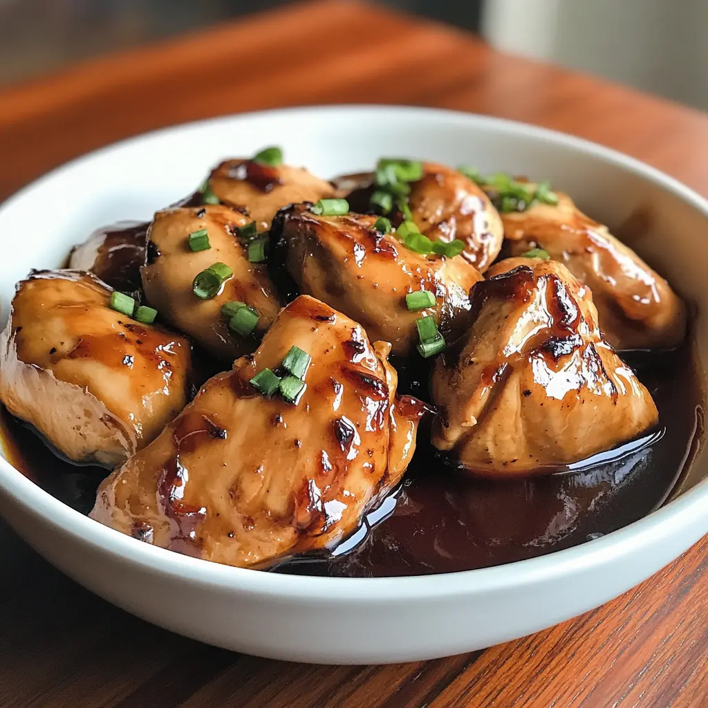 A close-up of Crockpot Bourbon Chicken coated in a thick, glossy bourbon sauce, served on a plate with a side of stir-fried vegetables.